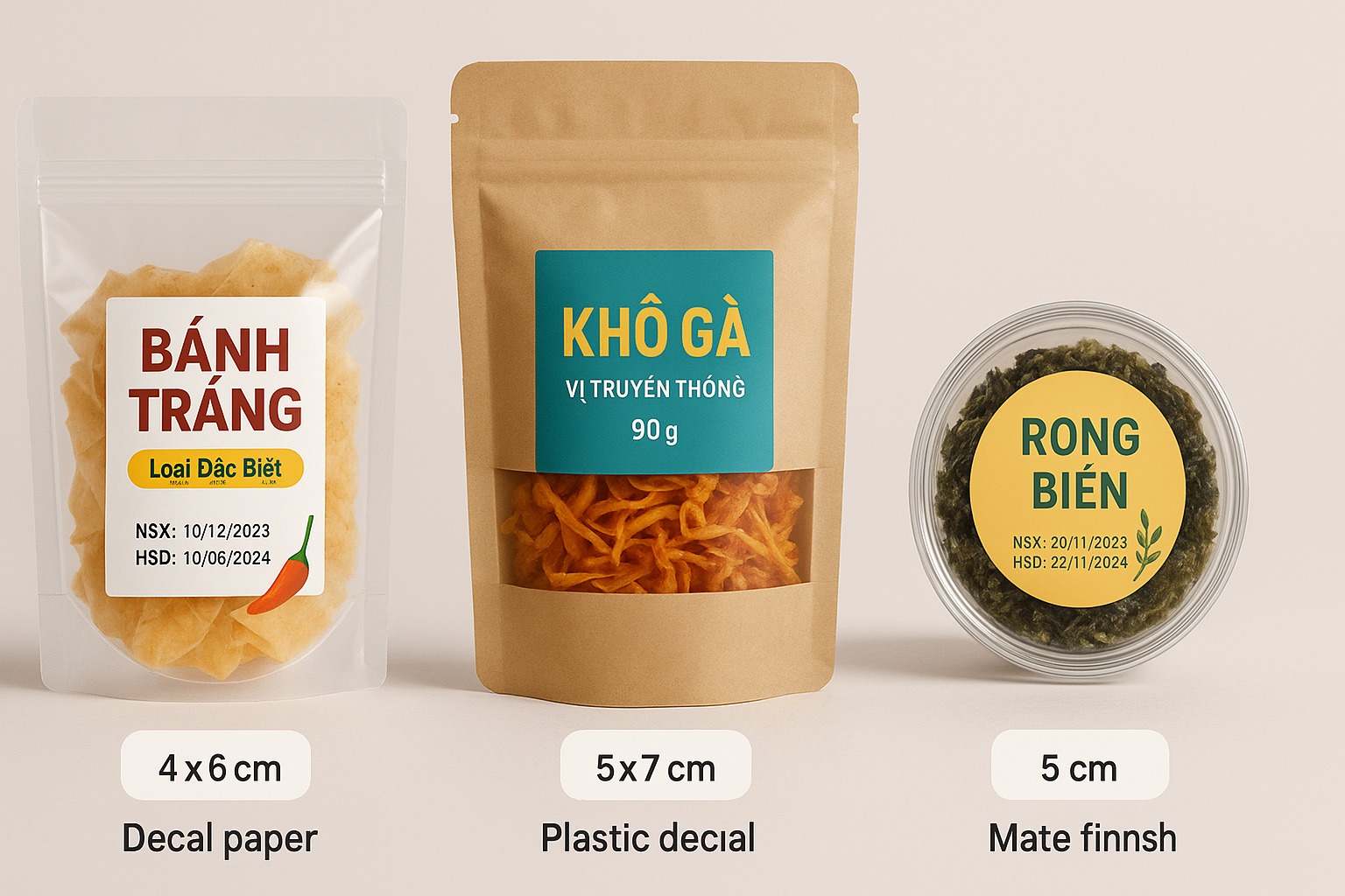 Kích Thước – Vị Trí – Chất Liệu Tem Ăn Vặt ( hình minh họa)