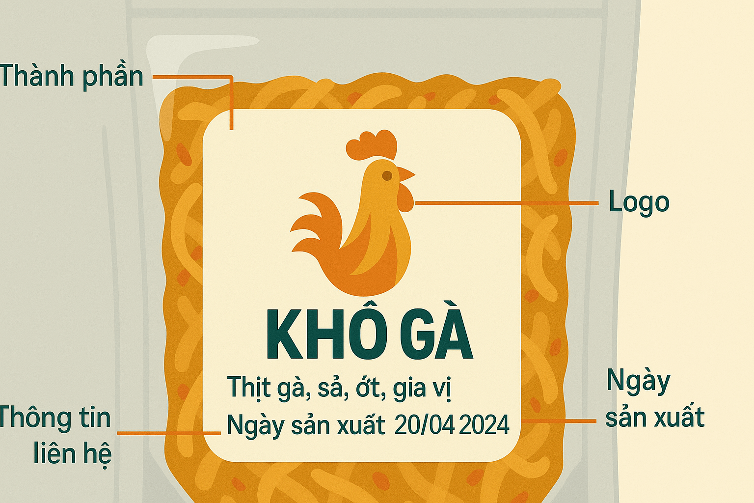 Các thông tin cần có trên tem nhãn dán hộp khô gà - Hình minh họa