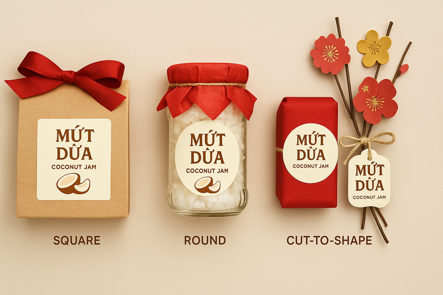 Kích thước tem mứt dừa phù hợp với bao bì đựng - Hình minh họa